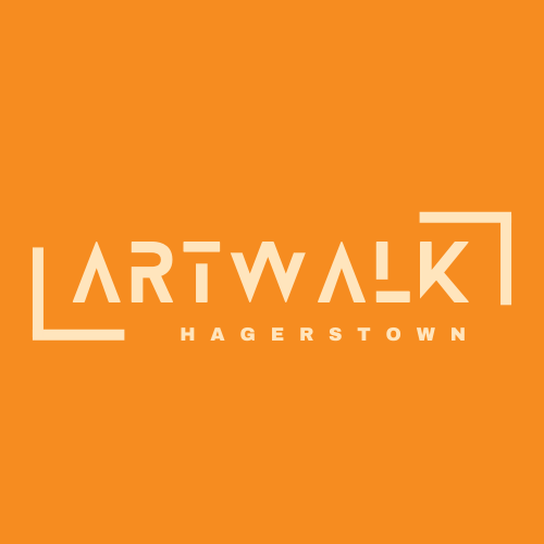 Orange square logo with the words “ART WALK” in bold, uppercase lettering, with two white corner brackets. “HAGERSTOWN” is written below in smaller, spaced-out uppercase letters.