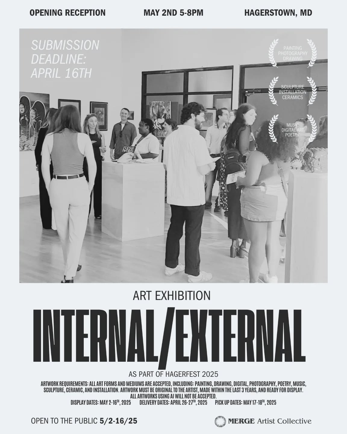 Black and white poster for the art exhibition “INTERNAL/EXTERNAL.” People view art in a gallery. Text details include submission deadline, dates, location in Hagerstown, MD, and event presented by MERGE Artist Collective.