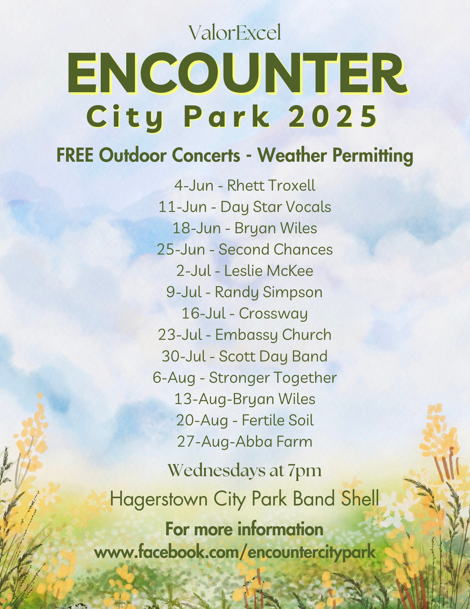 A colorful poster for Encounter City Park 2025 lists free outdoor concerts at Hagerstown City Park Band Shell, every Wednesday at 7pm from June 4 to August 27, with band names and event details over a floral background.