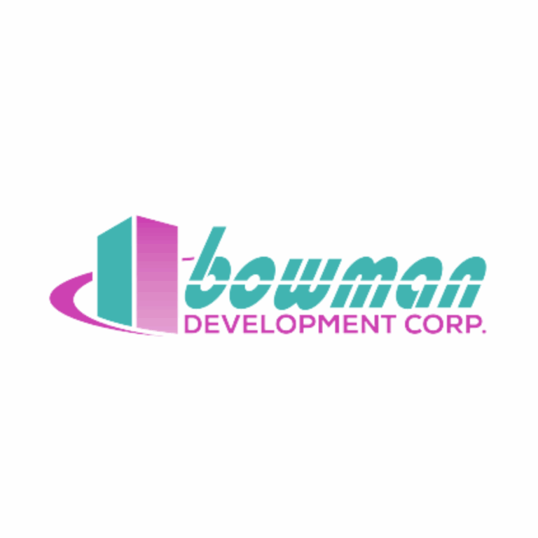 Bowman Development Corp. logo with teal and pink stylized building graphic and company name in teal and pink text on a white background.