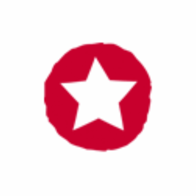 A red circular shape with rough, uneven edges featuring a white five-pointed star in the center.