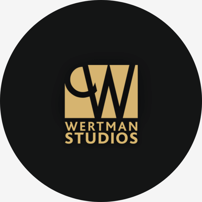 A gold square logo on a black circular background with a stylized 