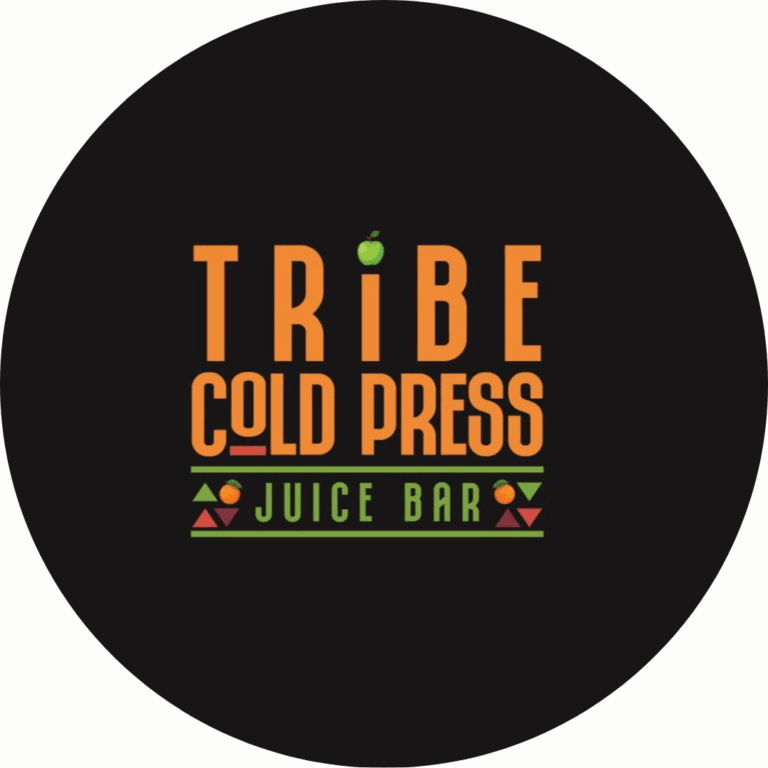Tribe Cold Press Juice Bar Logo. Orange and green font. Elements of fruit.