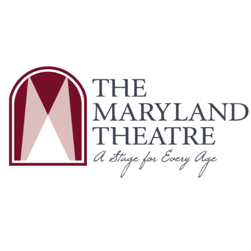 Logo for The Maryland Theatre featuring a stylized red and pink arch resembling a stage curtain, with the text “THE MARYLAND THEATRE – A Stage for Every Age” in elegant fonts beside it.