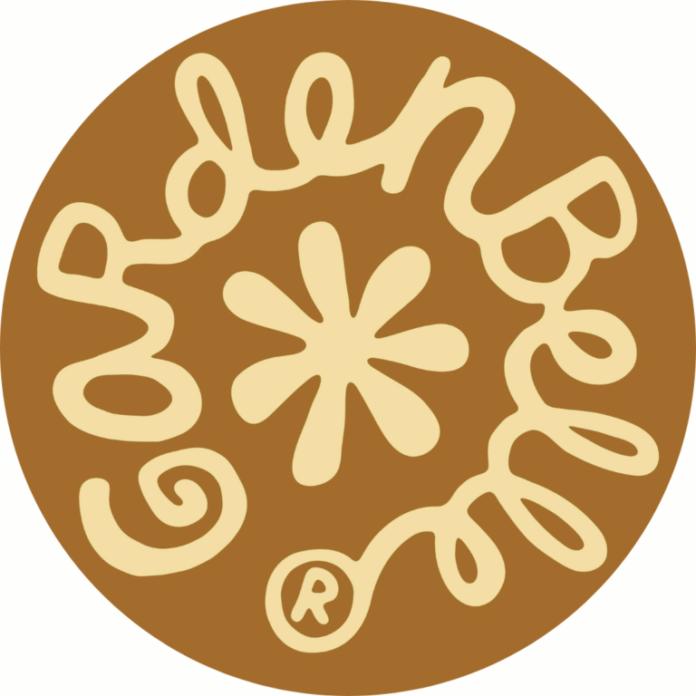 A circular brown logo with the word 