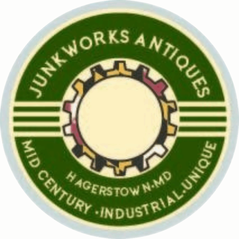 Junkworks Antiques logo. Green circle with a gear in the middle, with the Maryland flag pattern.