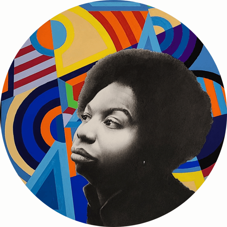 A black-and-white portrait of a woman with an afro is set against a vibrant, geometric background of colorful shapes and patterns in blue, yellow, orange, and red.