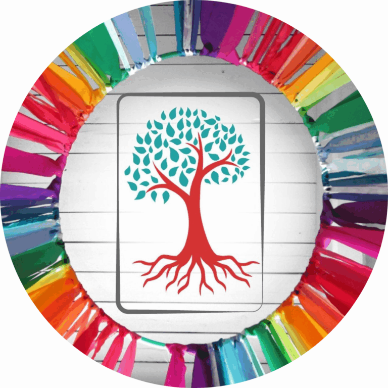 A colorful circular frame of rainbow ribbons surrounds a card with a stylized tree illustration featuring teal leaves and red roots, set against a white wooden background.