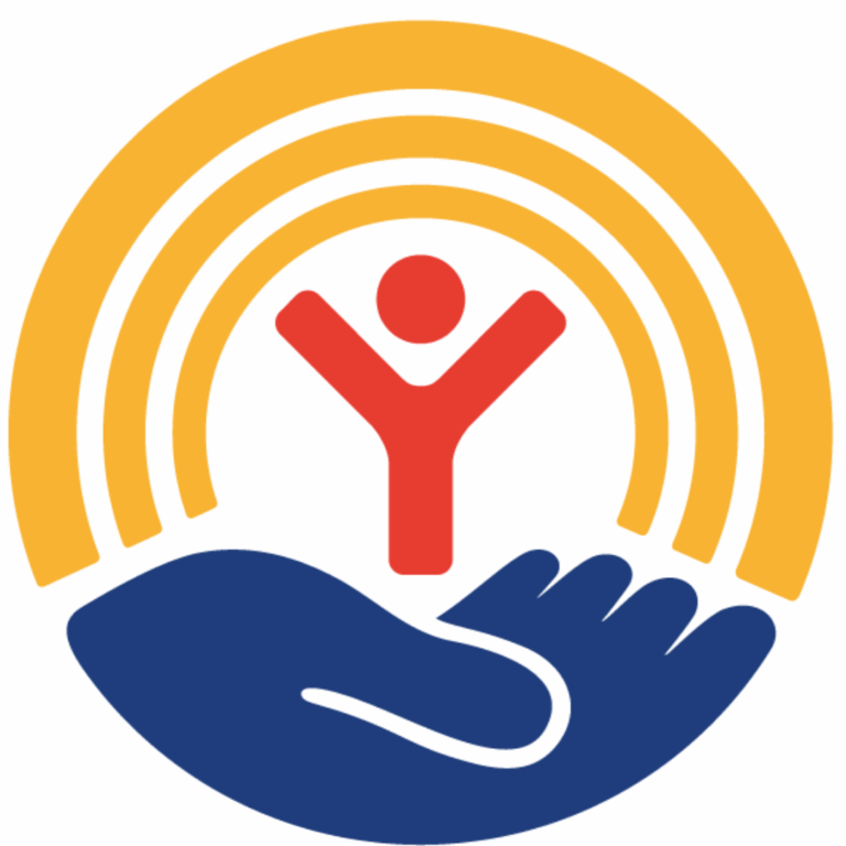 United Way Logo. Shaped in a yellow half circle, with a blue palm hand opening up to a red figurine in the middle.