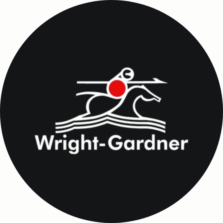 A stylized white horse and jockey logo with a red circle for the jockey's head, above the text 